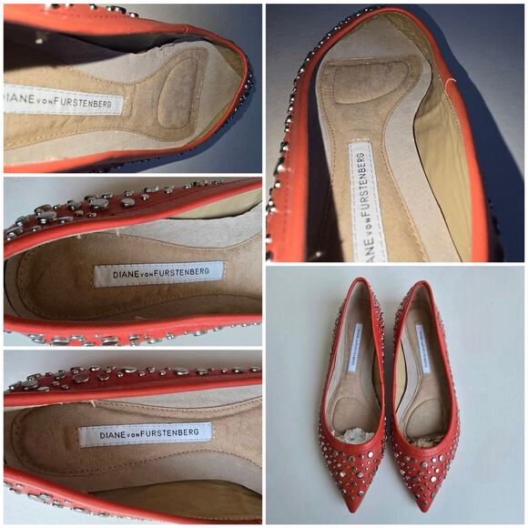 DVF Stud Flats Size 7.5 Orange Leather Silver Studded PointedToe Furstenberg Ara - Picture 10 of 13